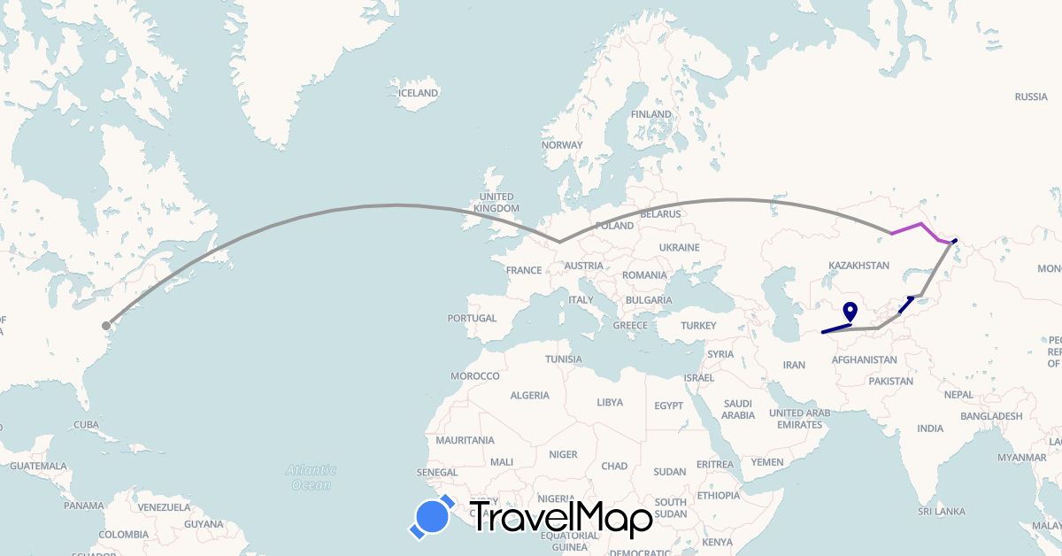 TravelMap itinerary: driving, plane, train in Germany, Kyrgyzstan, Kazakhstan, Tajikistan, Turkmenistan, United States (Asia, Europe, North America)